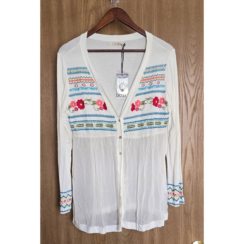 Caite Robyn Embroidered Floral Babydoll Button Front Cardigan Top